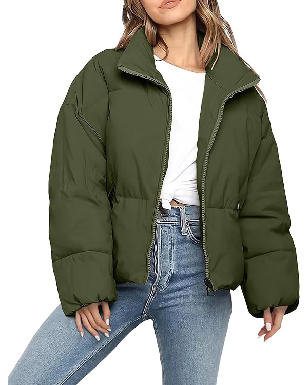 Womens Cropped Puffer Jacket Long Sleeve Oversize Puffy Coat Short Warm Quilted Jacket | Amazon (US)