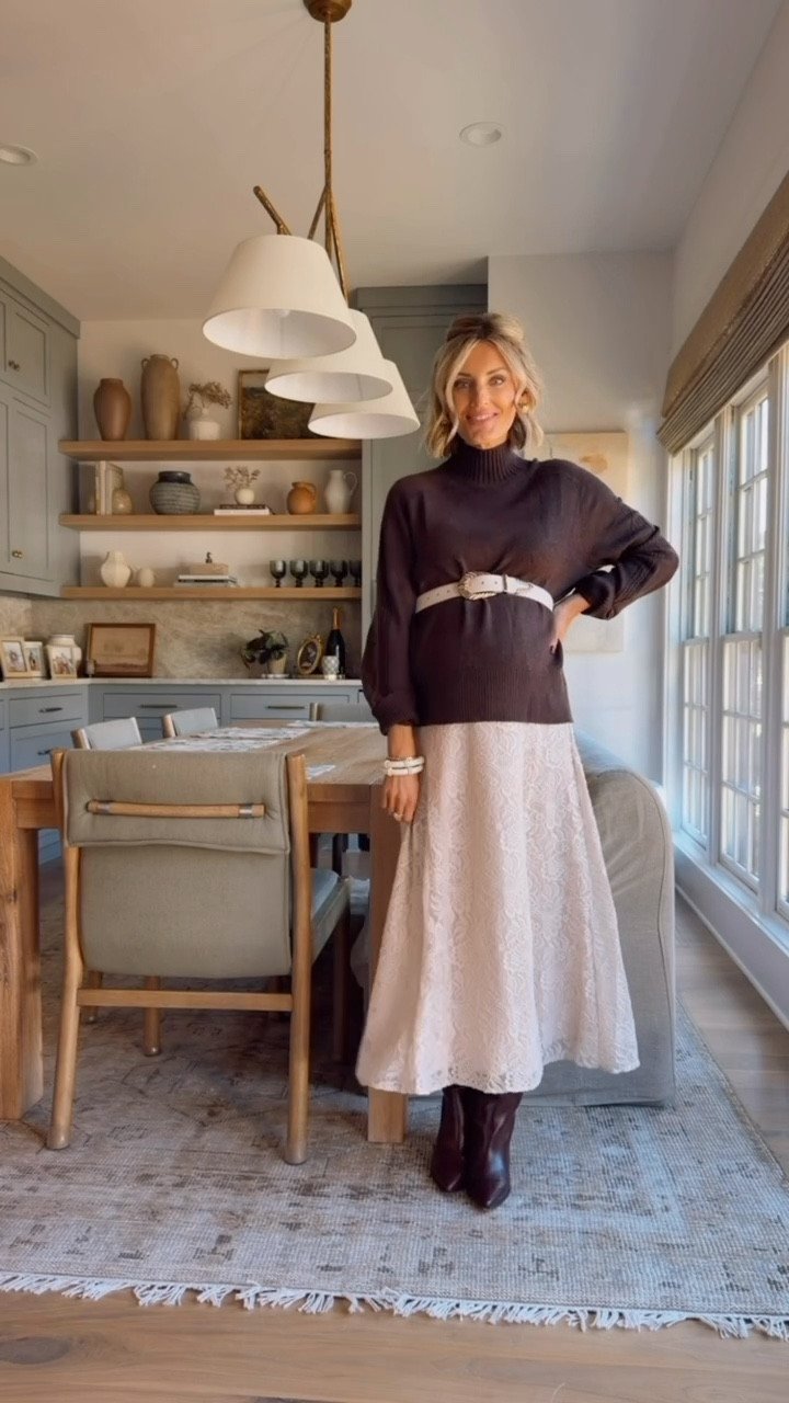 This brown mockneck sweater paired with a white belt & white lace maxi skirt is perfect for an elevated Thanksgiving look! Wearing size M in the sweater & size 2 in the skirt.

Loverly Grey, brown sweater, mockneck sweater, lace skirt, maxi skirt, fall fashion, fall outfit ideas, Thanksgiving outfit ideas 

#LTKFindsUnder100 #LTKStyleTip #LTKSeasonal