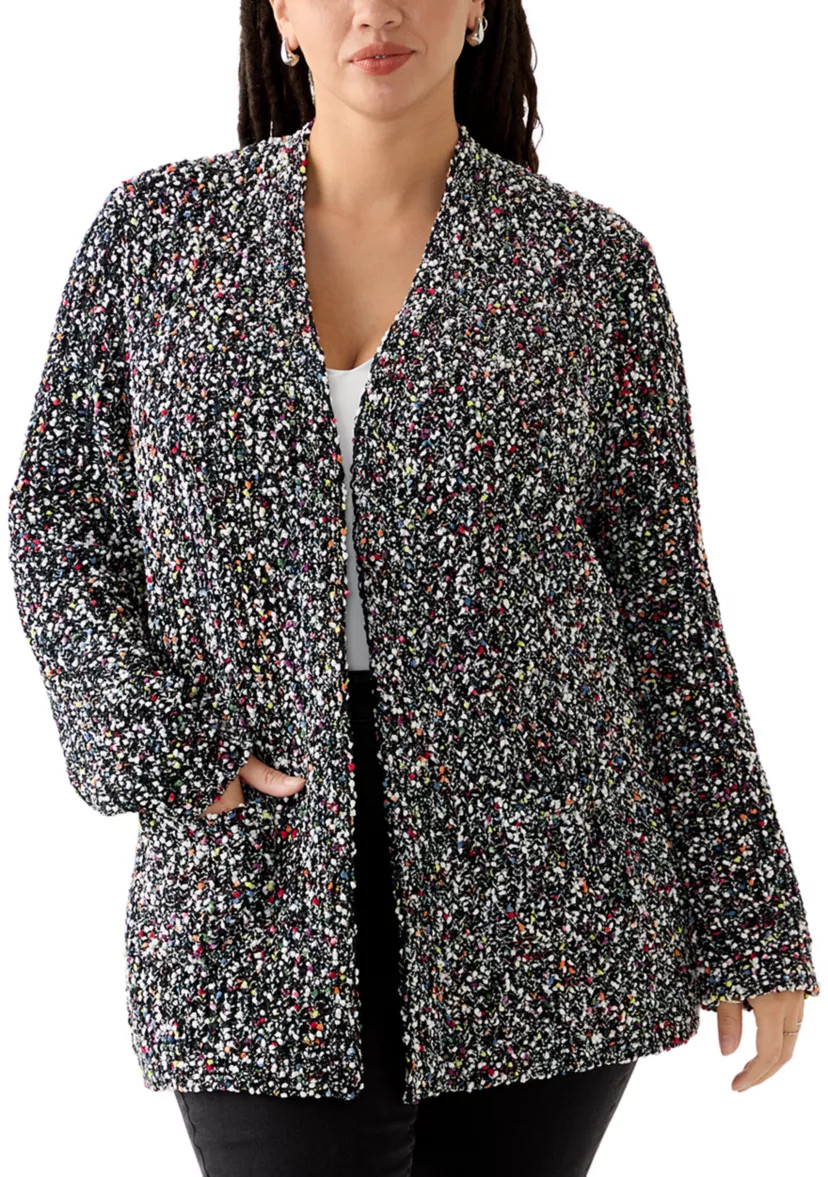 Plus Size Confetti Chenille 2-Pocket Open Front Cardigan | Belk
