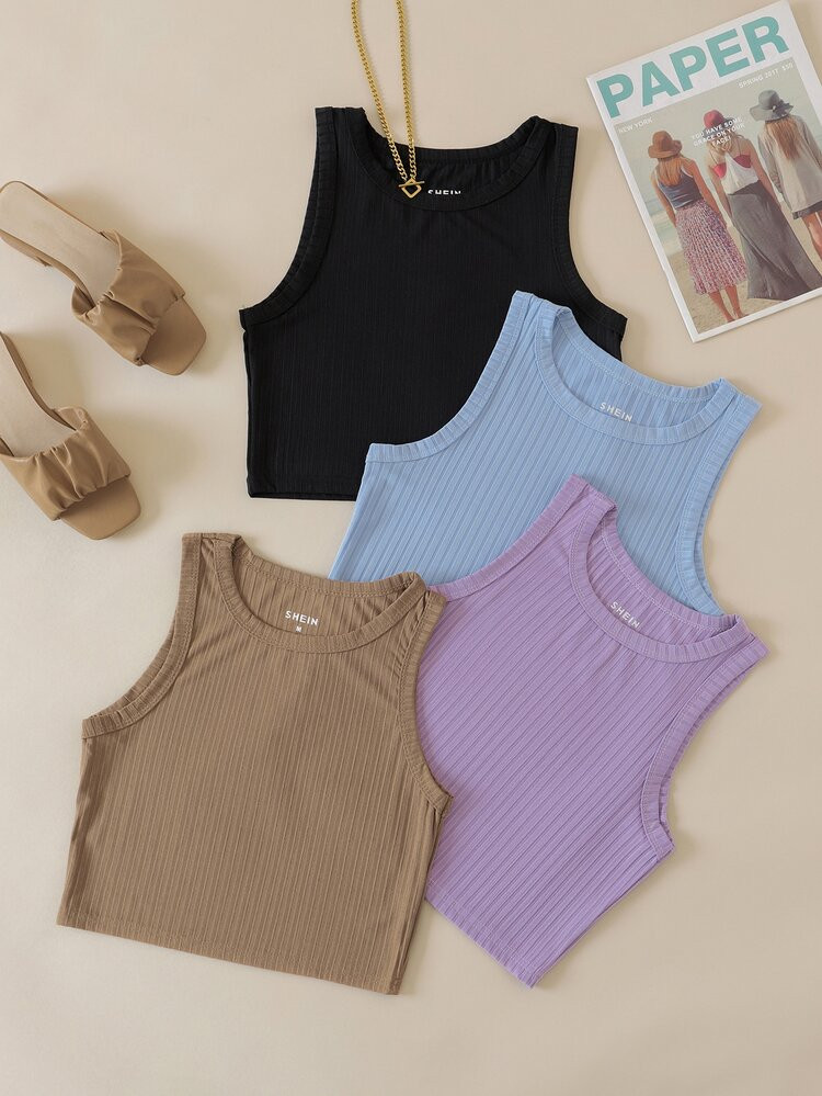 4pcs Solid Ribbed Crop Tank Top | SHEIN