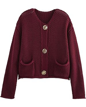 Chevara Women’s Cropped Cardigan Sweater Long Sleeve Crewneck Button Down Knit Sweater with Poc... | Amazon (US)