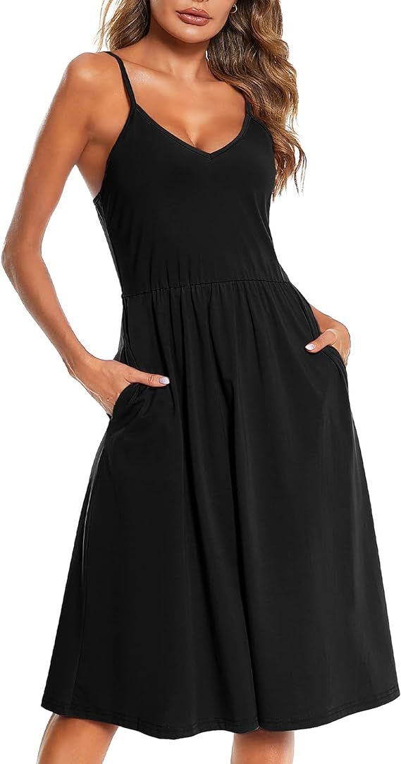 OUGES Womens Summer Backless Adjustable Spaghetti Strap Tie Back Plain Dress | Amazon (US)