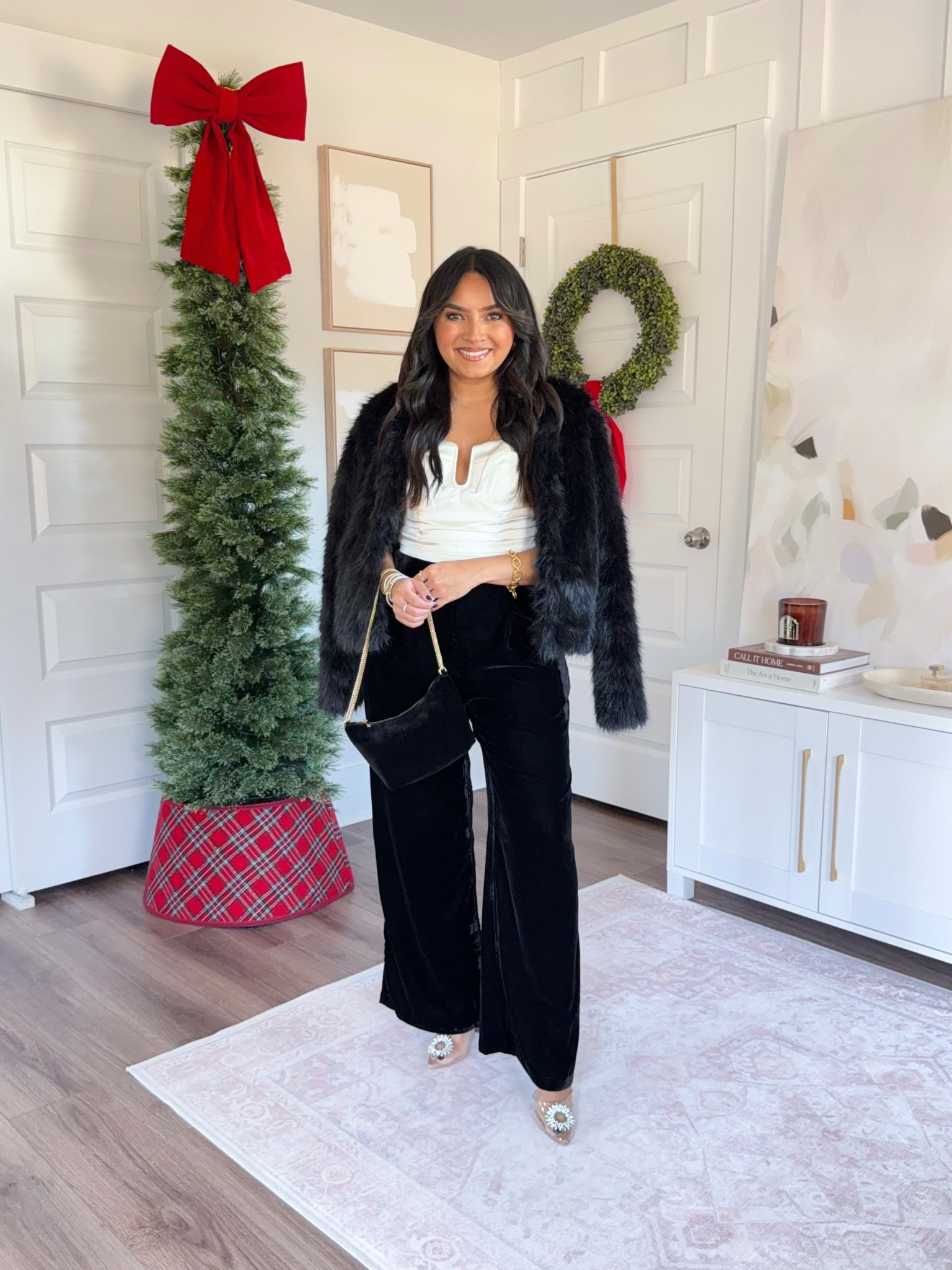 Black faux fur jacket size xxs TTS
Satin and velvet jumpset with removable straps size 0 petite TTS
Rhinestone clear heels - old, similar linked

#LTKPetite #LTKSaleAlert #LTKHoliday