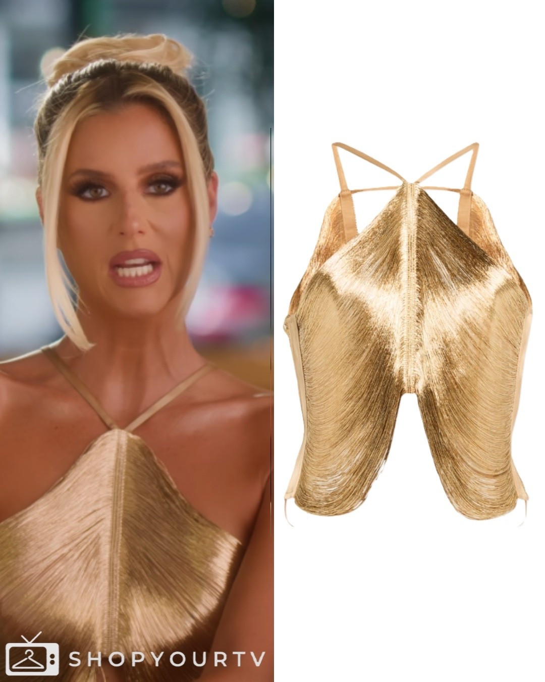 Emma Hernans gold top in her confessional interviews of season 9 of Selling Sunsett