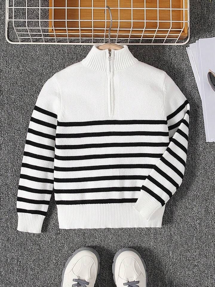 SHEIN Young Boy Striped Pattern Half Zip Sweater | SHEIN