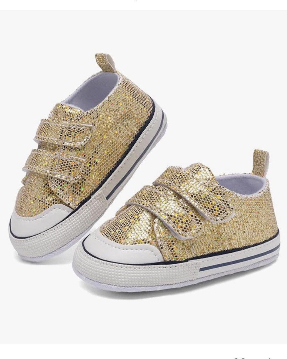 Evies game day shoes are $10 

Gold sparkle shoes, gold baby shoes, Velcro shoes, Amazon finds
