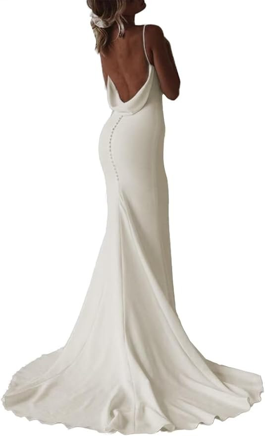 Women's Simple Boho V-Neck Wedding Dresses Spaghetti Straps Mermaid Satin Beach Bridal Gown with ... | Amazon (US)