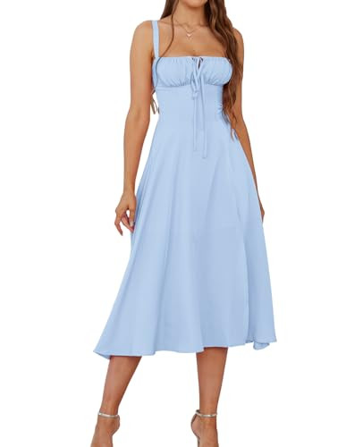 Wedding Guest Dresses for Women Midi Corset Lace Up A Line Dress Solid Flowy Slit Going Out Sundress for Tea Party | Amazon (US)