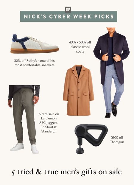 Good men’s gifts on sale for Black Friday 

• lululemon abc jogger also on sale in short. Nick takes medium short he is 5’8” 165lb 

• Rothy’s sneakers are so comfortable and TTS 

• jcrew coat starts in a hard to find 34 short 

• Theragun has been a much loved gift from years ago 

#LTKGiftGuide #LTKmens #LTKCyberWeek