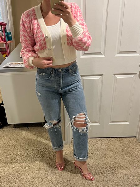 Pink era! Love my new designer heels and pink cardigan with houndstooth! Linked my Agolde jeans and white crop ribbed tank 

#LTKshoecrush #LTKstyletip #LTKmidsize