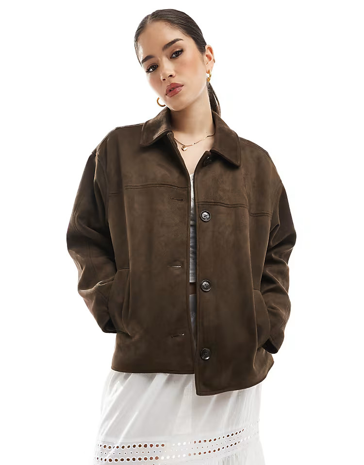 Pull&Bear faux suede pocket detail jacket in brown | ASOS (Global)