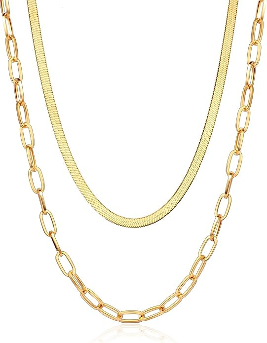 18K Gold Plated Layered Necklaces for Women, Dainty Paperclip Chain, Herringbone Necklace, Cuban ... | Amazon (US)
