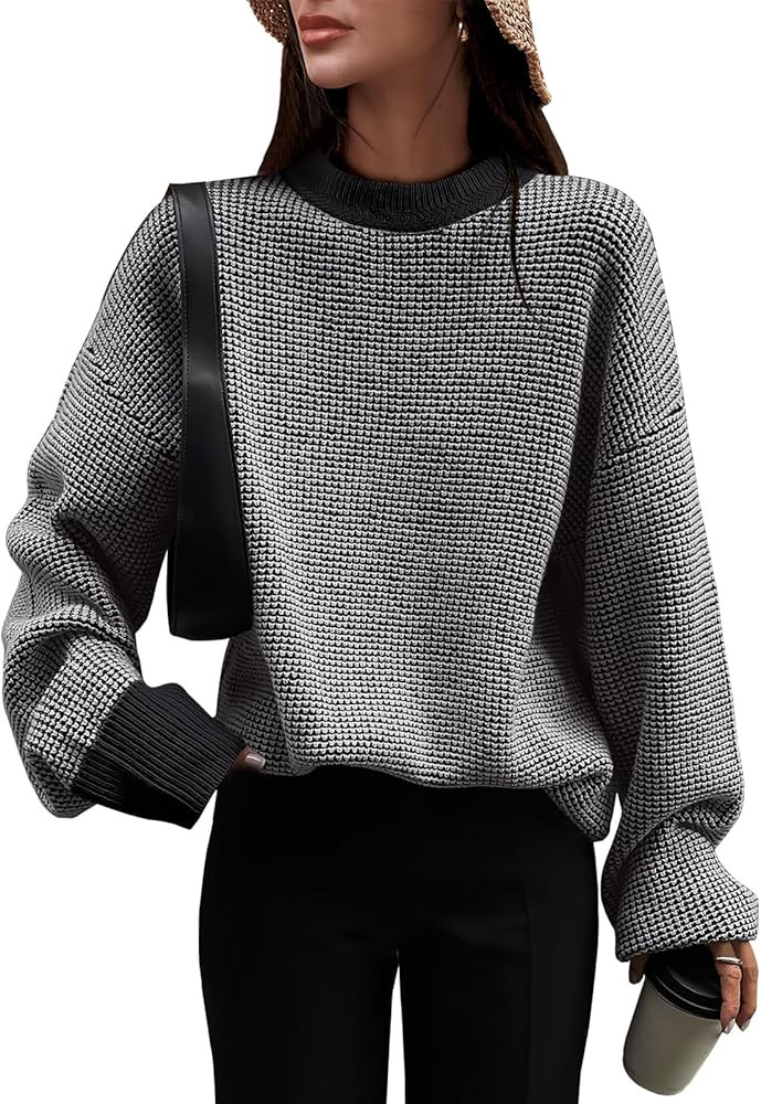 ANRABESS Womens 2024 Fall Sweaters Crewneck Casual Long Sleeve Contrast Loose Waffle Knit Pullove... | Amazon (US)