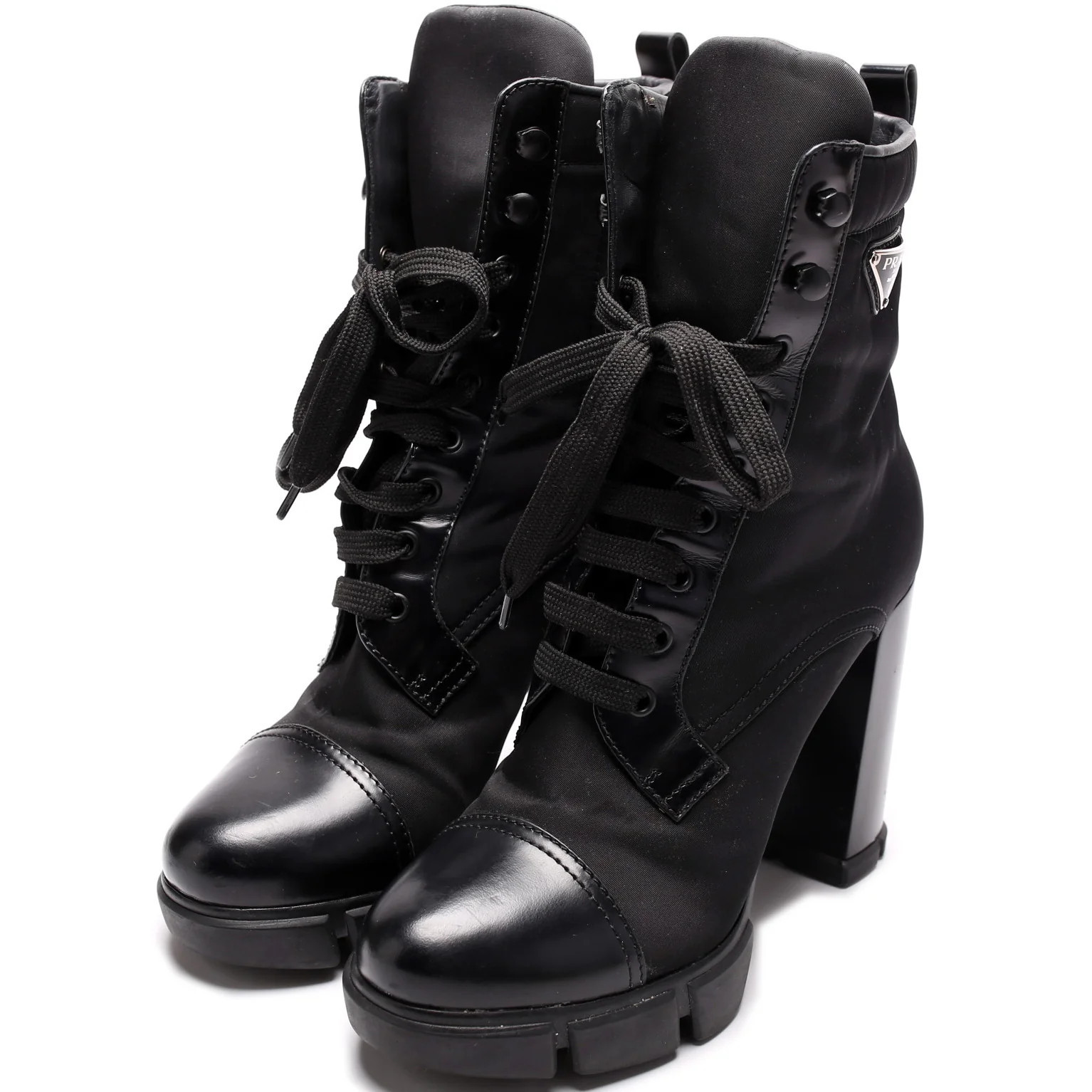 Re-Nylon Brushed Leather Heeled Combat Booties Size 40 | Keeks Designer Handbags