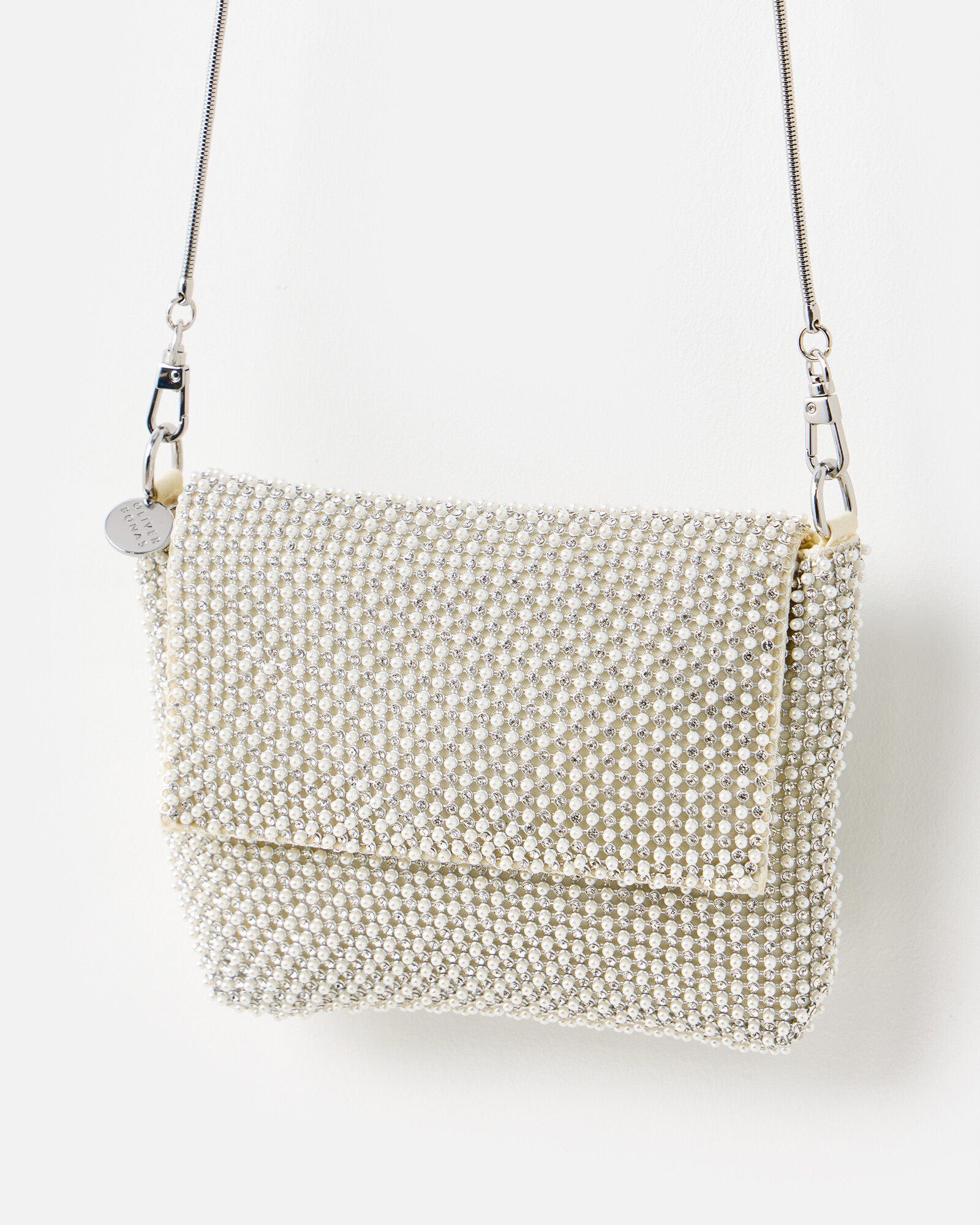 Jodie Silver Gem & Pearl Chain Mail Clutch Bag | Oliver Bonas (Global)