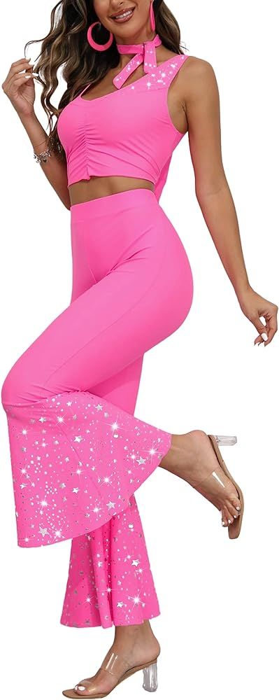 DANGCOS Pink 70s 80s Outfit for Women Clothes Hippie Disco Costume two piece Cowgirl Flare Pant H... | Amazon (US)