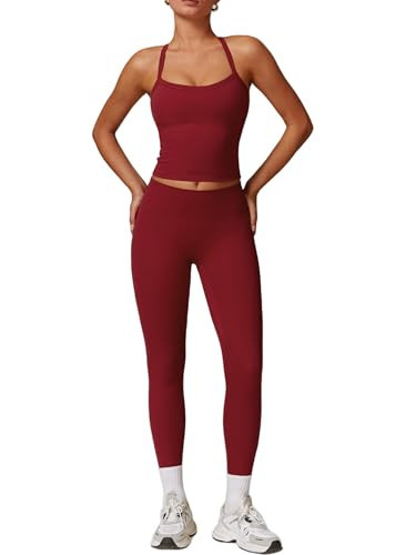 ABOCIW Workout Sets for Women 2 Piece Longline Sports Bra Tank Top High Waist Leggings Sets Active Gym Yoga Work Out Clothes Red Large | Amazon (US)