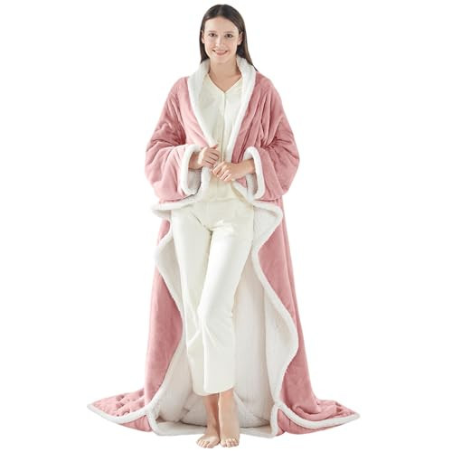 Sealy Electric Blanket Wearable with Foot Pocket, Electric Snuggle Blanket with Sleeves, Flannel & Sherpa Heating Throw with 6 Heat Settings & 2-10 Hours Auto Shut Off, 50 * 70"+18", Pink | Amazon (US)