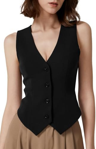 QINSEN Womens V Neck Vest Top Sleeveless Button Down Fully Lined Solid Going Out Crop Tops | Amazon (US)