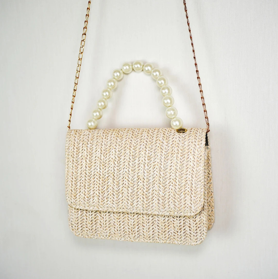 Pearl Straw Bag With Chain Strap Holiday Beach Bag Bridal Gift Bag Crossbody Bag Boho Bag Vacatio... | Etsy (US)