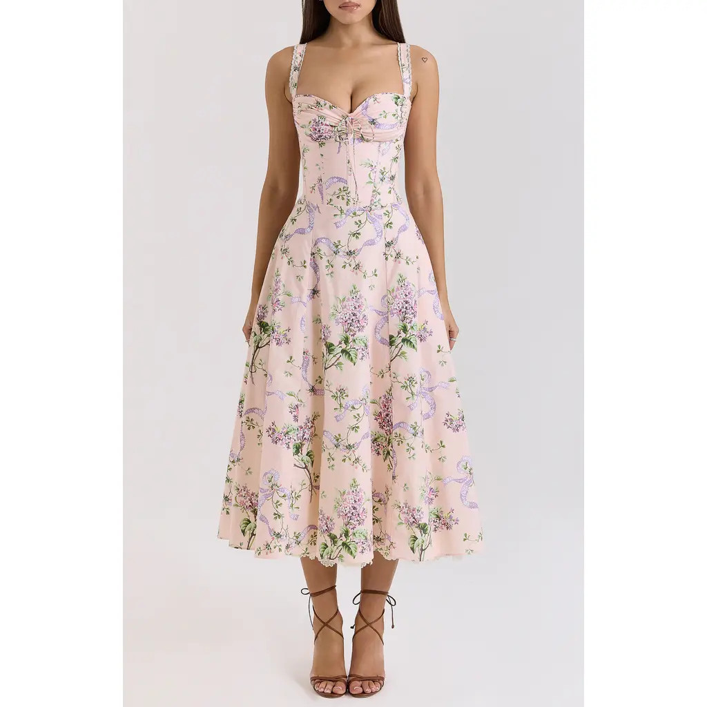 HOUSE OF CB Rosalee Floral Stretch Cotton Petticoat Dress in Peach Floral Print at Nordstrom, Size Large | Nordstrom