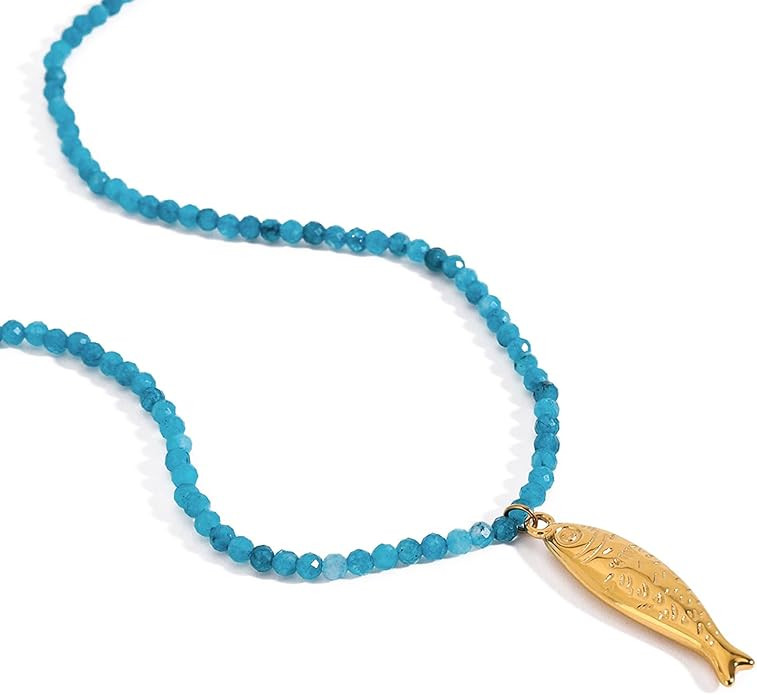 Boho Fish Necklace for Women - Blue Natural Stone Fish Pendant Necklace, Bohemian Beach Jewelry C... | Amazon (US)