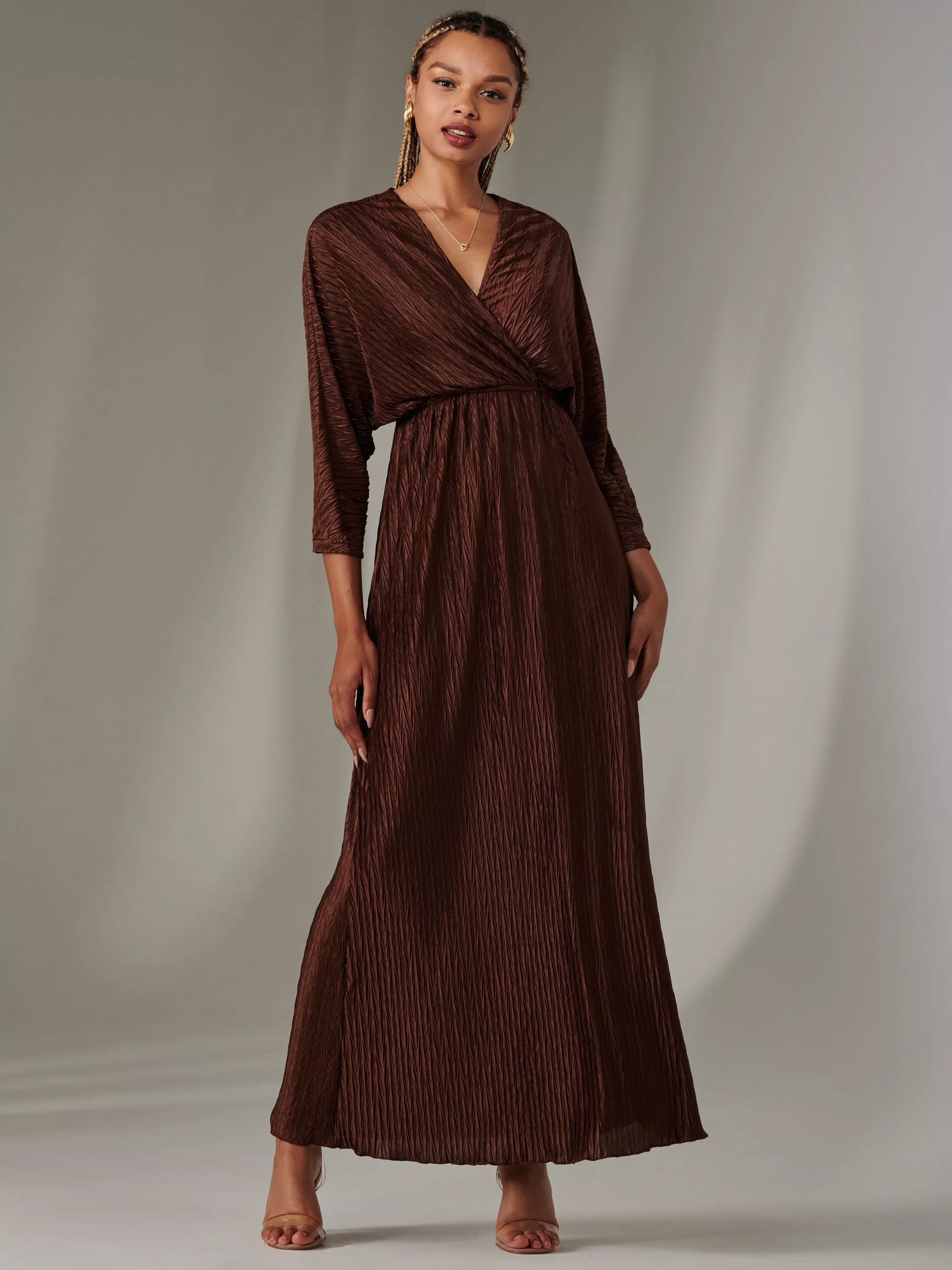 Jolie MoiRuffle Hem Chiffon Maxi Dress, Chocolate | John Lewis (UK)