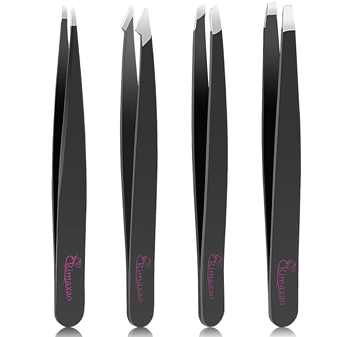 Tweezers Set-4 Pieces Slanted and Pointed Stainless Steel Tweezers (Black) | Amazon (US)