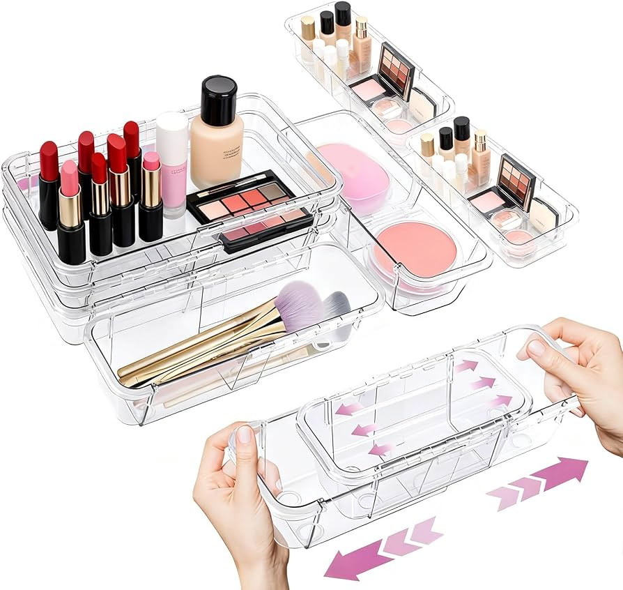 16 Pcs Extendable Clear Drawer Organizer, All Adjustable Vanity Storage Box, 2-Size Desk Drawer O... | Amazon (US)