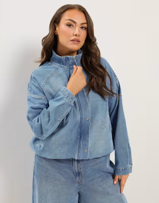 Yours Clothing Denim funnel neck bomber jacket in blue | ASOS (Global)