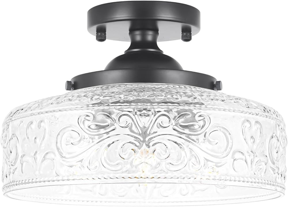 Semi Flush Mount Ceiling Light Fixture, Vintage Matte Black 3-Light Fixture with Etched Crystal G... | Amazon (US)