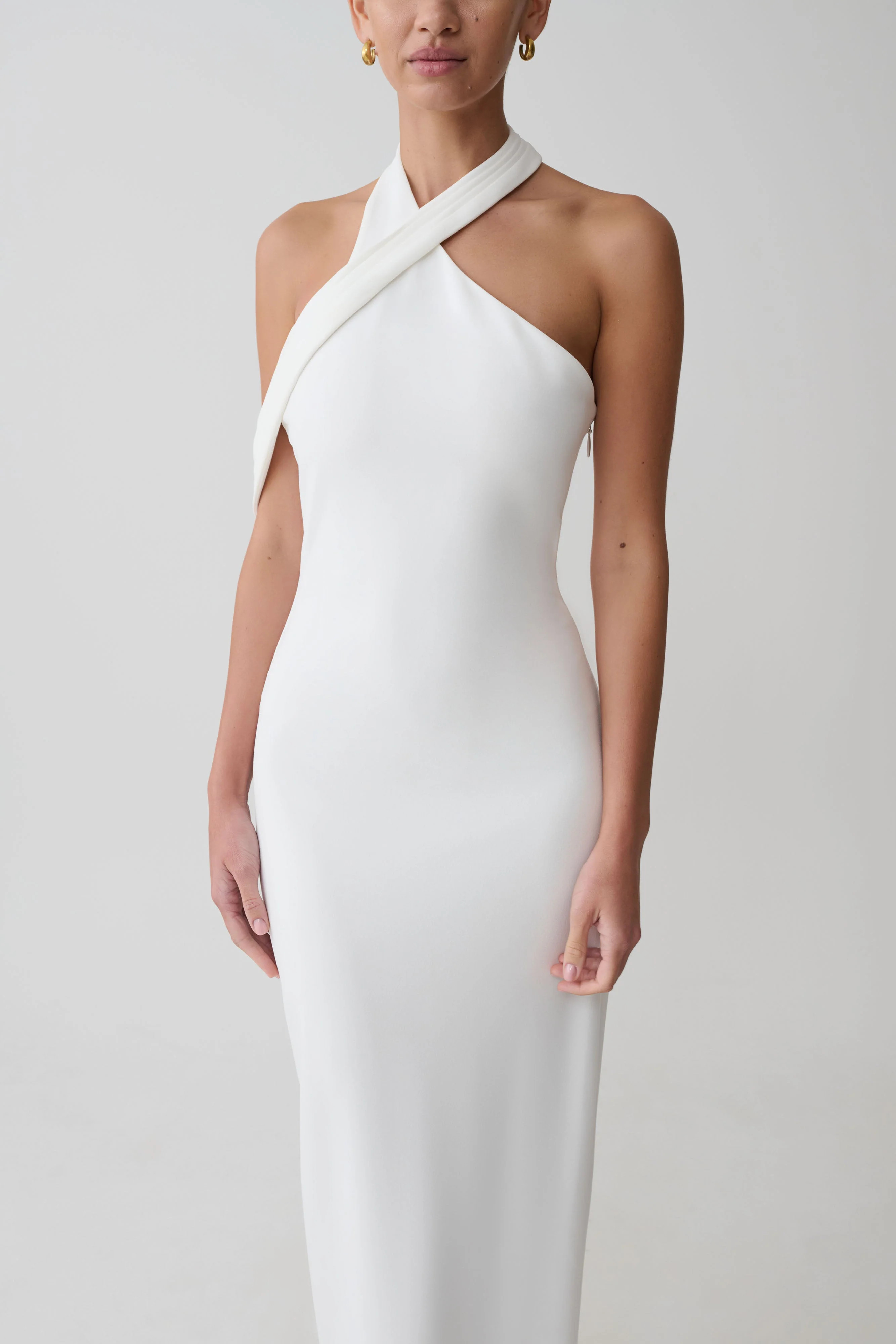 Crossover Crepe Midi Dress - White | MESHKI US