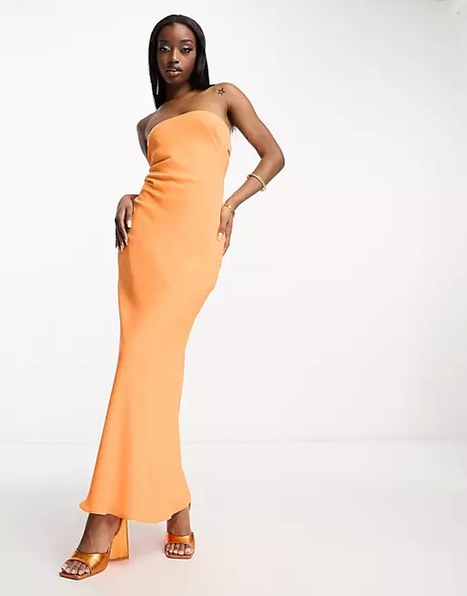 ASOS DESIGN bandeau bias maxi dress with cowl back and tie detail in bright orange | ASOS (Global)