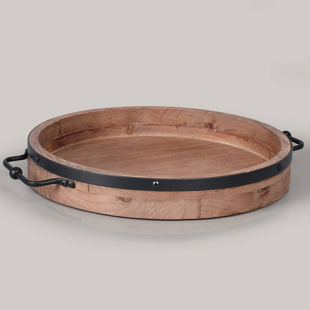 Round Coffee Table Tray - 13'' Farmhouse Wood Serving Tray with Metal Handles - Round Decorative ... | Amazon (US)