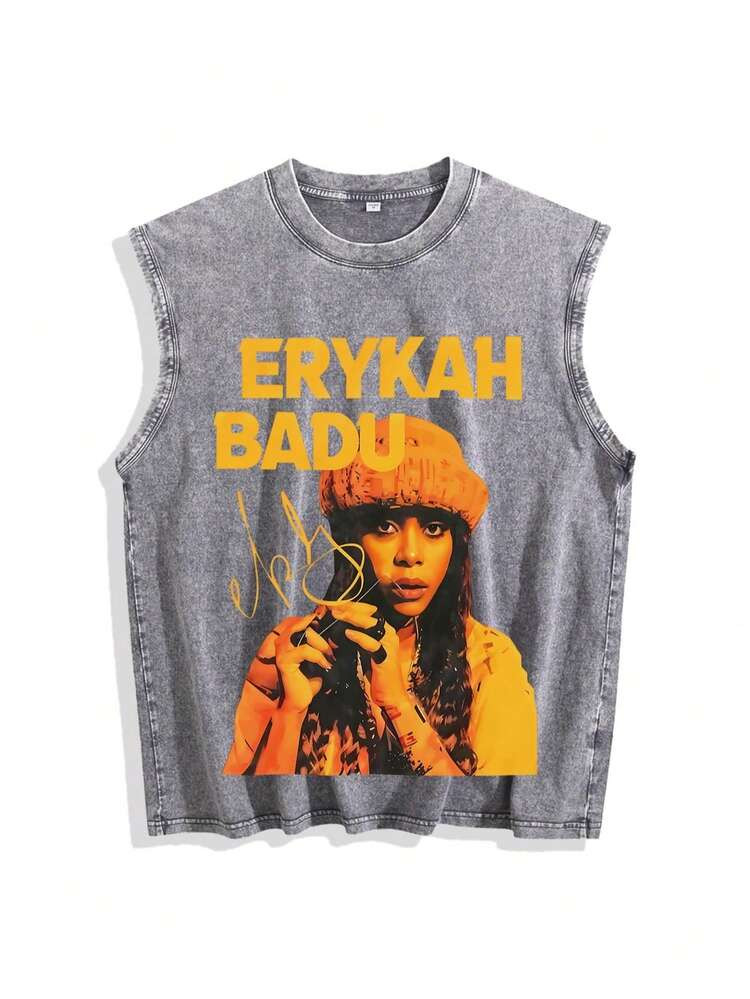 Men's 230g 100% Pure Cotton Retro Washed Sleeveless Vest, With Soul Singer Erykah Badu Portrait Print Soft Breathable Loose Vest, Retro Music Street Style, Suitable For Daily Wear And Music Festivals | SHEIN