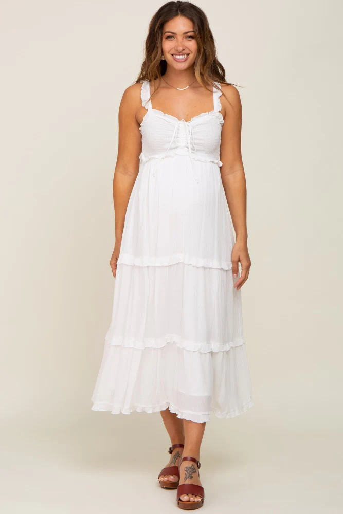White Ruffle Accent Maternity Midi Dress | PinkBlush Maternity