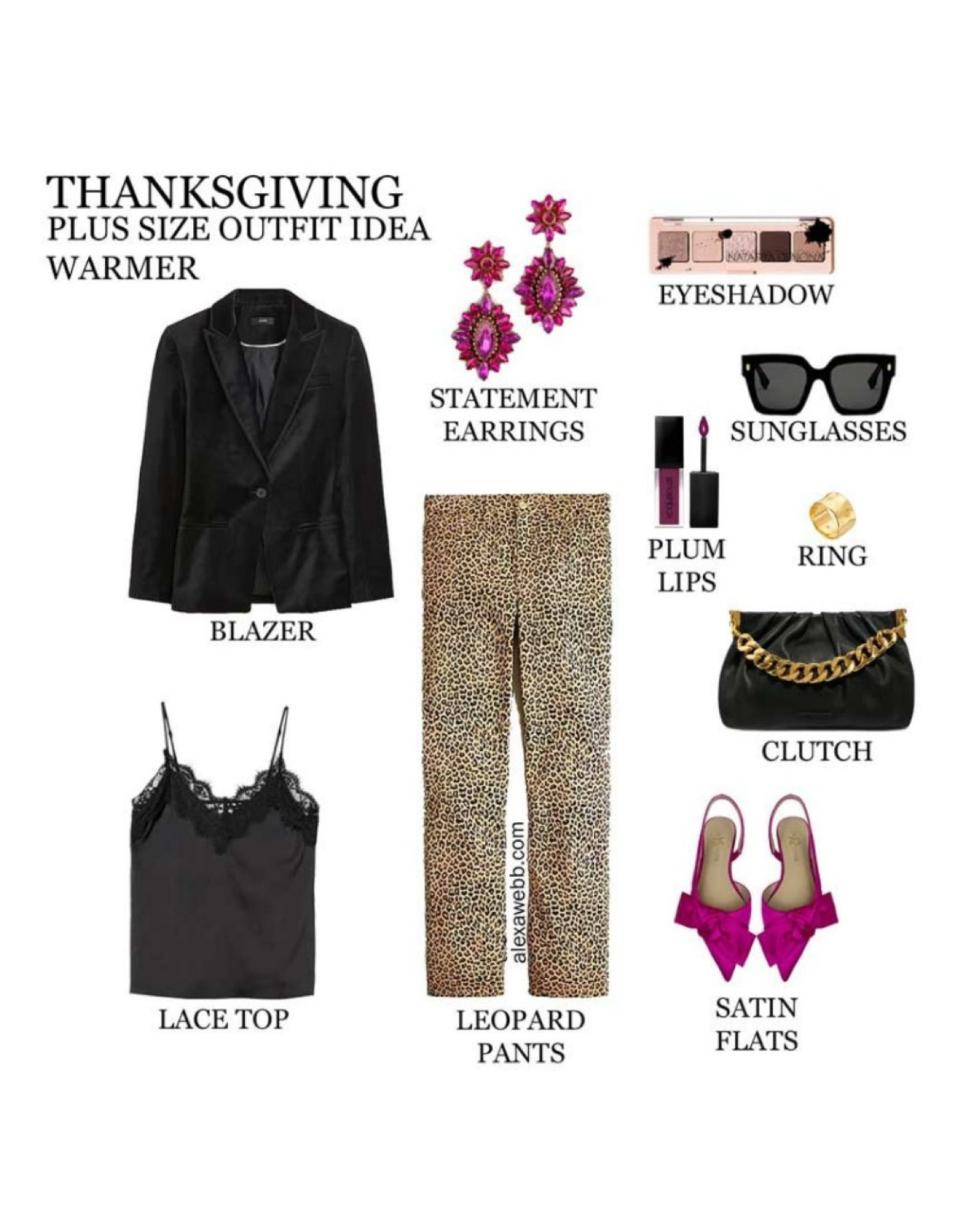 2024 Plus Size Thanksgiving Outfits - Warmer - A plus size holiday outfit idea for cold climates. A plus size black velvet blazer layered over a black lace and satin camisole and leopard print pants with fuchsia bow flats and a black clutch. Alexa Webb #plussize

#LTKPlusSize #LTKStyleTip #LTKHoliday