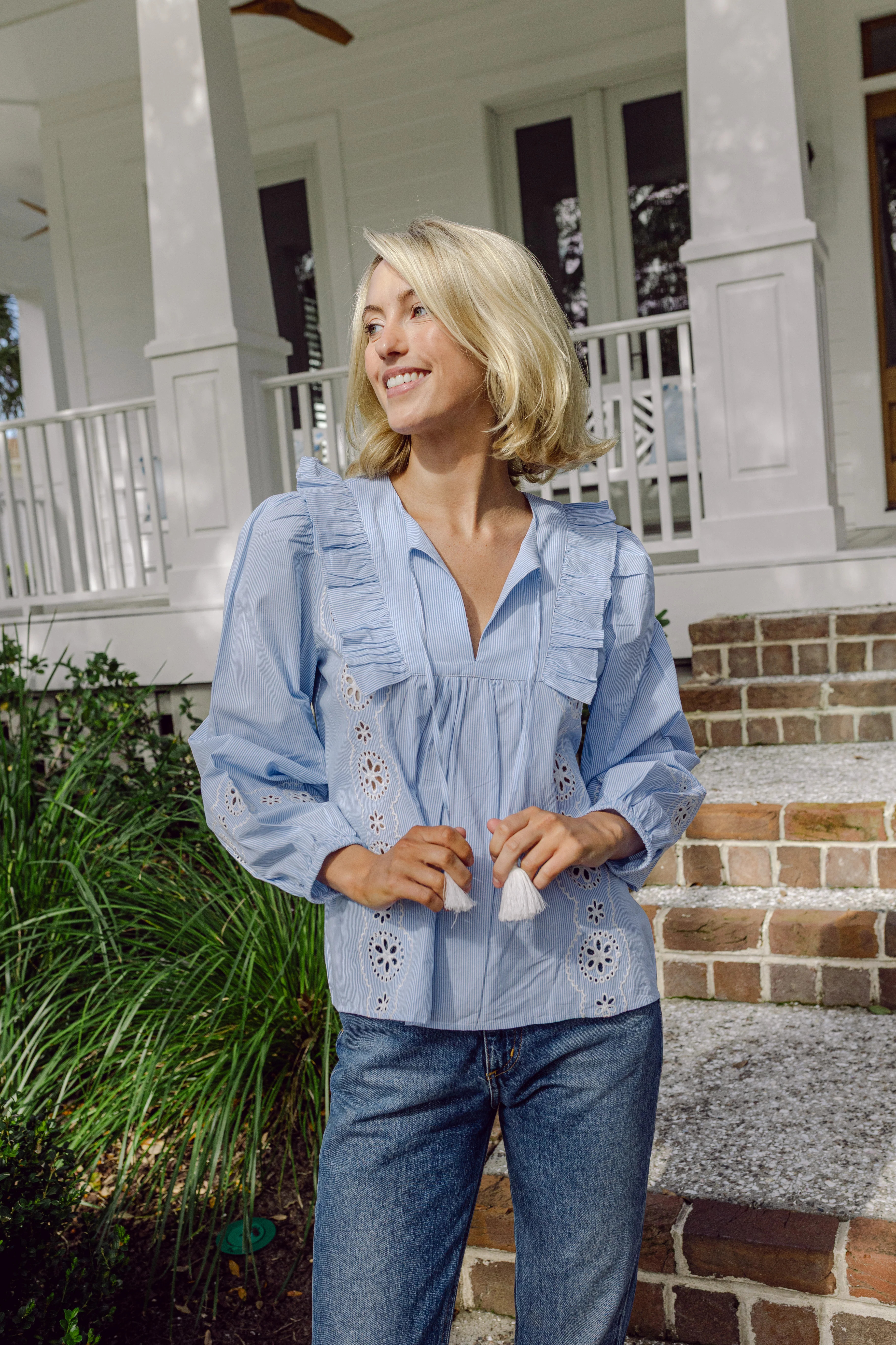 Blue & White Stripe Ruffle Front Top With Tassels | Sail to Sable