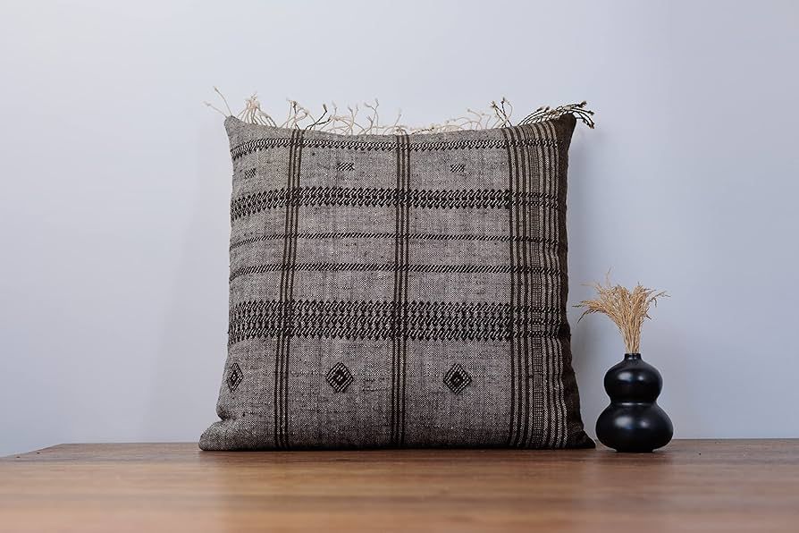 LIMBAD Brown Throw Pillow Cover 20x20 Inch Indian Bhujodi Wool Pillows Japandi Decor Pillowcase P... | Amazon (US)