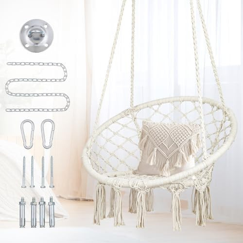 Macrame Hammock Chair Swing with Hardware Kits, Handmade Knitted Hanging Chair for Bedroom,Indoor,Outdoor, Balcony, Yard, Porch- 265 Pound Capacity -29.53" L x 29.53" W x 45.28" H | Amazon (US)