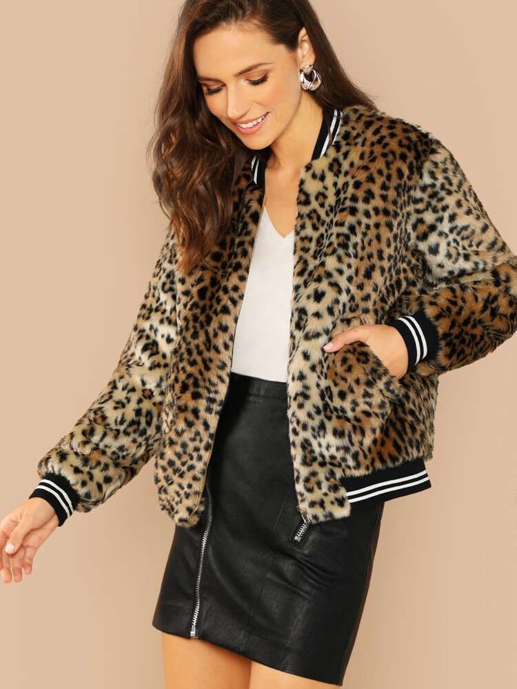 Contrast Striped Zip Up Leopard Jacket | SHEIN