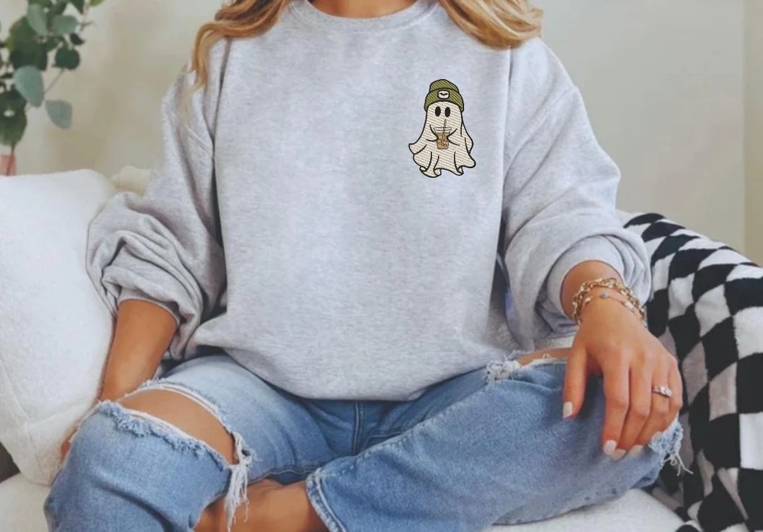 Embroidered Ghost Sweatshirt, Halloween Ghost With Coffee Sweater, Embroidered Halloween Ghost Sw... | Etsy (US)