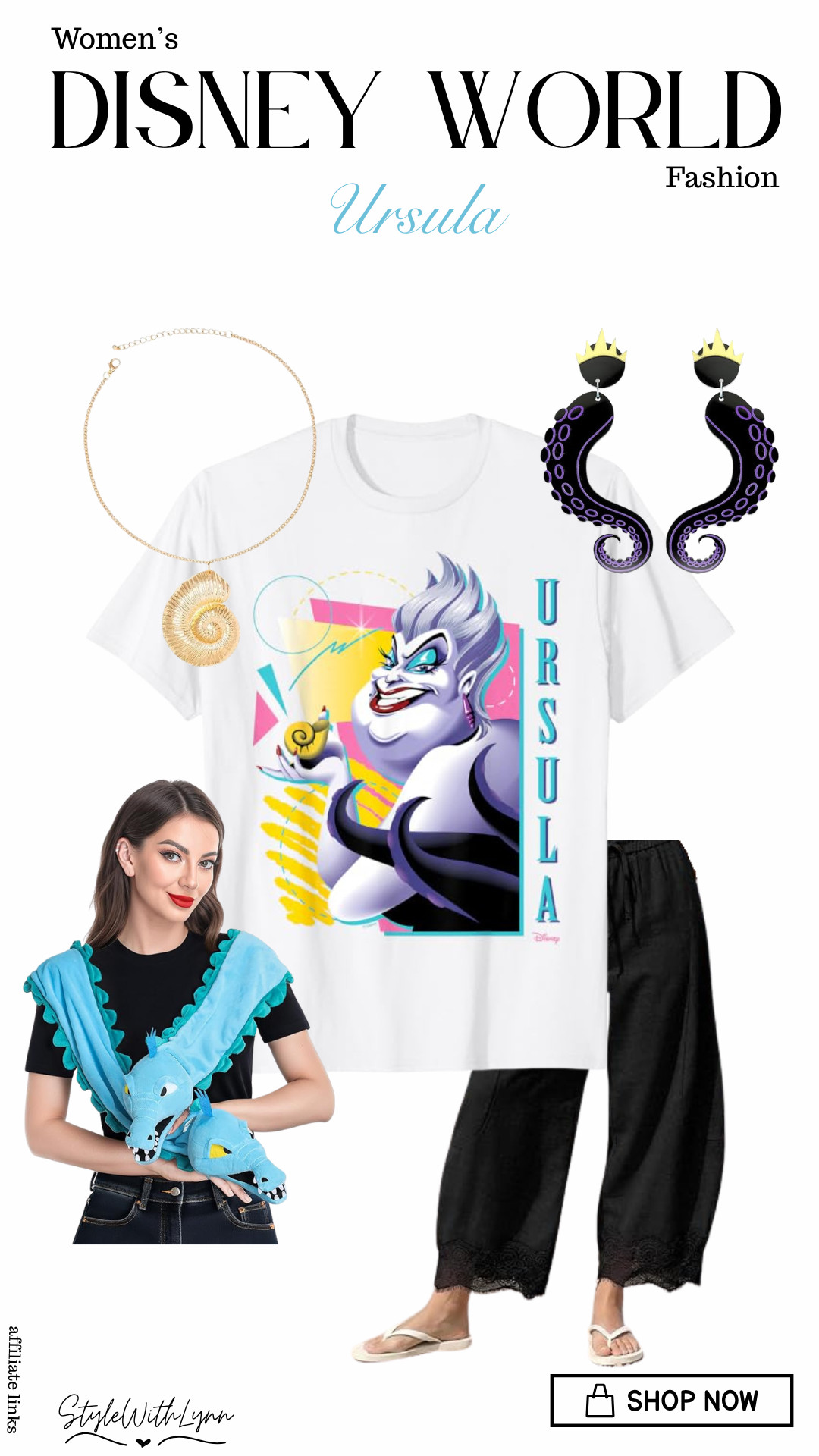 Tentacles, sass and a little sea witch magic.💜✨ This Ursula-inspired Disney World outfit is giving poor unfortunate souls, but make it fashion! 

The statement Ursula tee paired with flowy black lace-trim pants, a golden shell necklace, and dramatic octopus earrings creates the perfect Disney villain outfit for your next park day. It’s comfy, fun, and totally vacation-ready! 🐚💜

✨ Shop this Ursula-inspired look! 

💕 Follow for more Disney outfits, park fashion and magical finds!

#DisneyWorldOutfits #DisneyOutfits #DisneyFashion #Ursula #UrsulaOutfit #DisneyVillain #DisneyVillainOutfit #DisneyStyle #DisneyWorldFashion #WomensDisneyFashion #DisneyInspiredOutfit #DisneyParks #DisneyStyleForWomen #DisneyCreator #DisneyMom 

 #LTKootd #LTKmomlife #LTKTravel