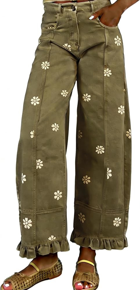 utcoco Barrel Jeans Women 2026 Floral Print Wide Leg Jeans Y2k Patchwork Baggy Boyfriend Denim Pa... | Amazon (US)