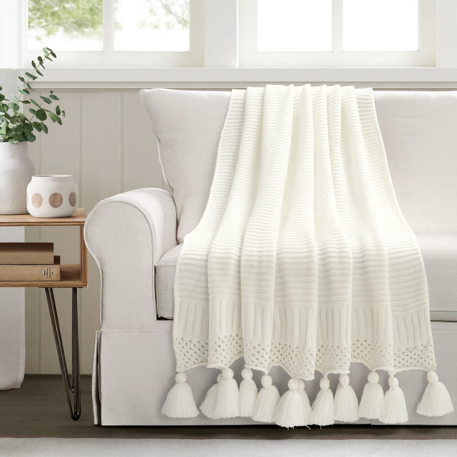 Lush Decor Boho Knitted Tassel Throw Blanket, 60" x 50", Ivory | Amazon (US)