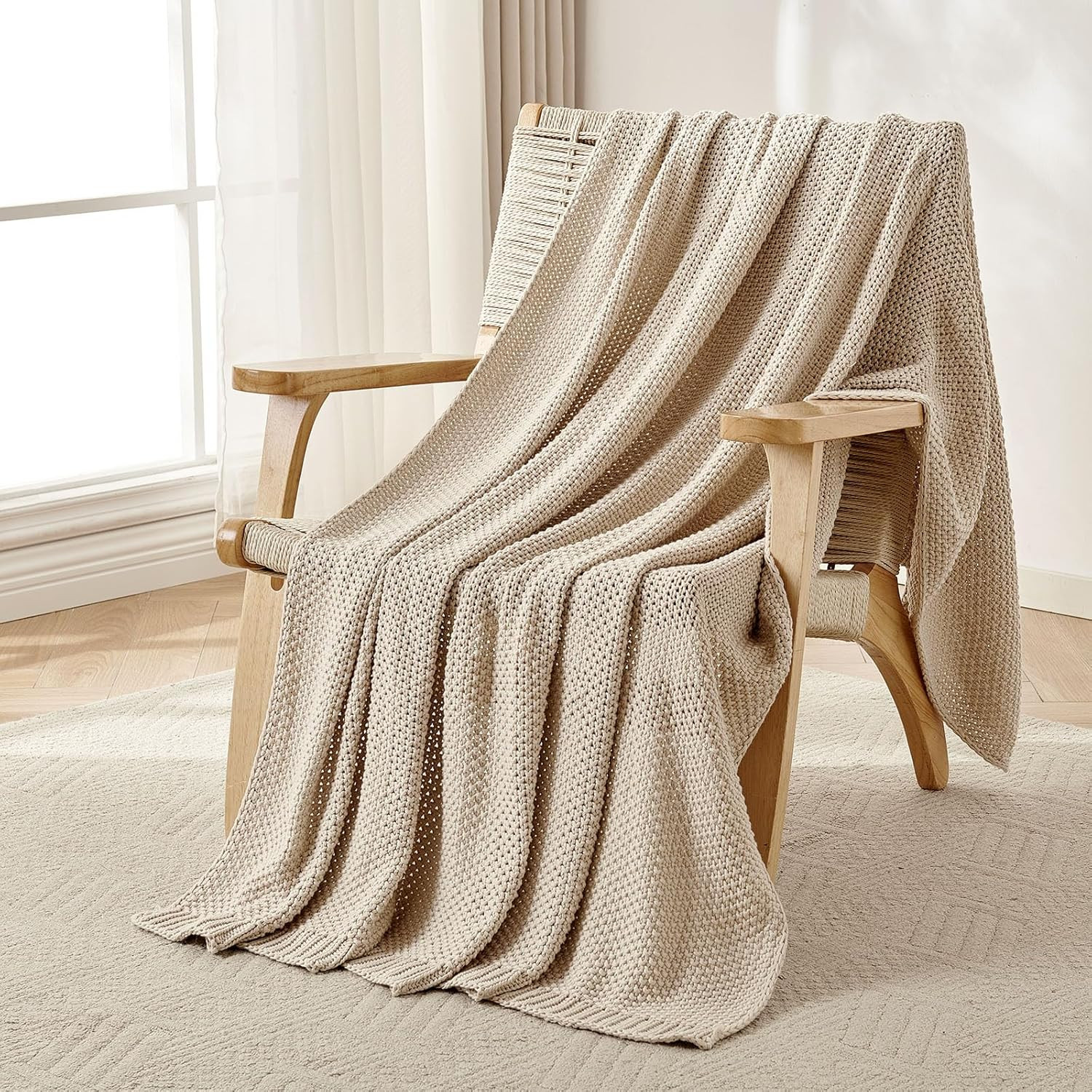 Joydeco Chunky Cable Knit Throw Blanket 100% Organic Cotton Beige 51"x63" | Amazon (US)