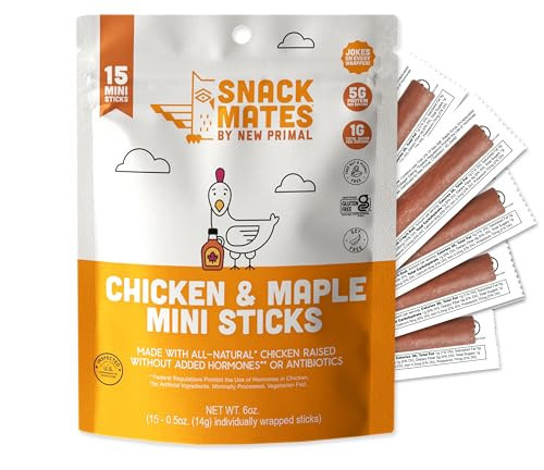 The New Primal Snack Mates Chicken & Maple Sticks, Gluten Free Healthy Snacks for Kids, Low Sugar High Protein Back to School Snacks, Mini Paleo Jerky Meat Stick, 5g Protein, 35 Calories, 15 Pack | Amazon (US)