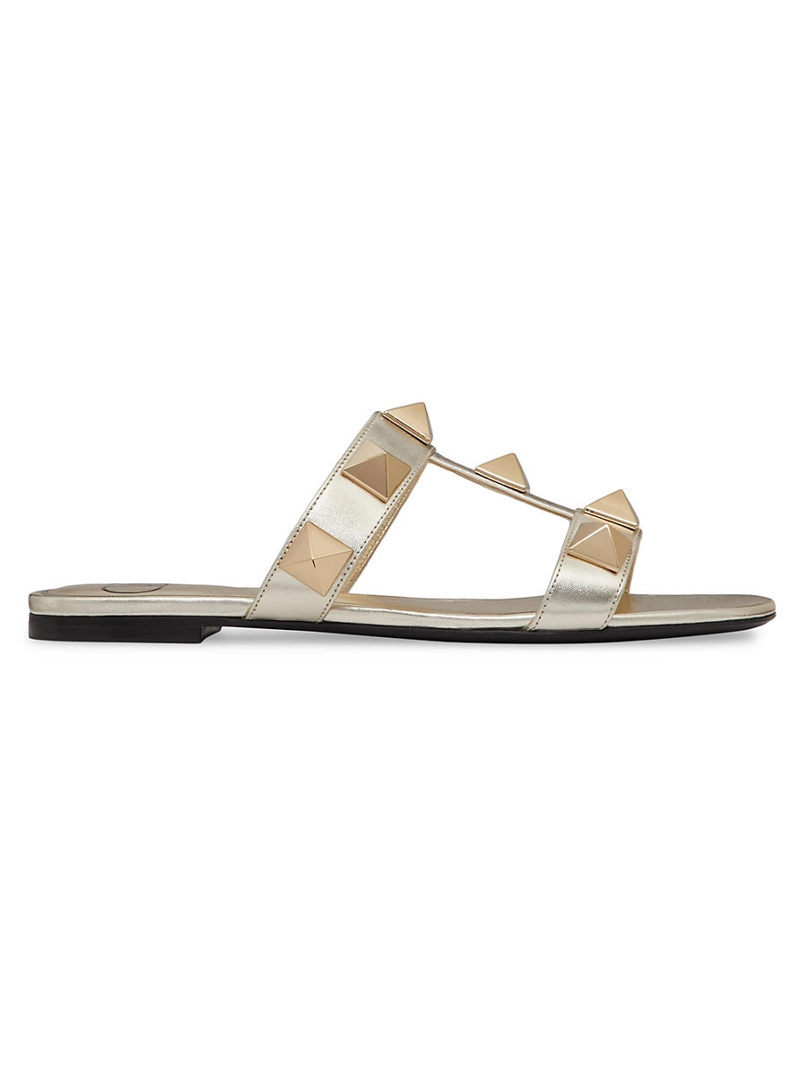 Women's Roman Stud Metallic Nappa Slide Sandals With Matching Studs - Platinum - Size 9.5 | Saks Fifth Avenue