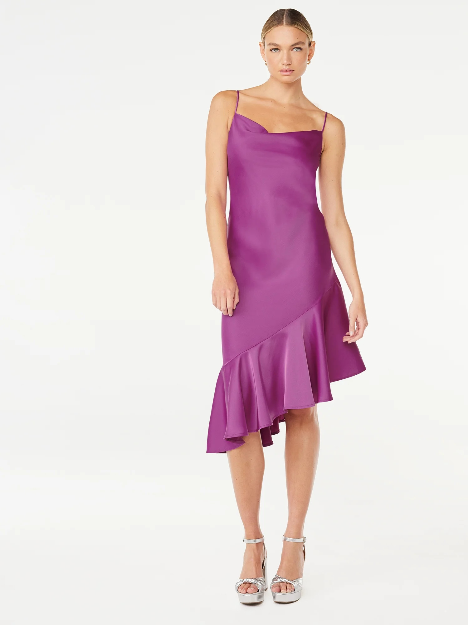 Scoop Women’s Asymmetrical Satin Ruffle Cami Dress, Sizes XS-XXL | Walmart (US)