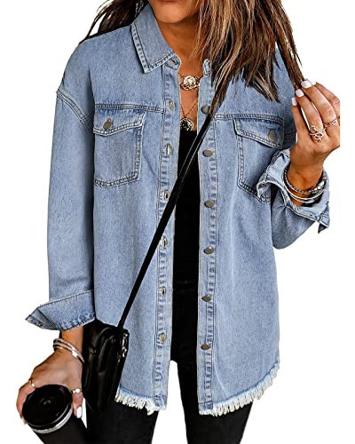 Vetinee Women's Oversized Boyfriend Denim Jean Shacket with Frayed Raw Hem, Blue, Size 12-14 | Amazon (US)